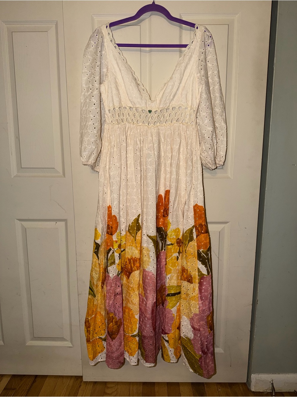 Farm Rio / FARM Chita Bella Eyelet Midi Dress NWT Large Floral Puff Sleeve - Picture 2 of 8